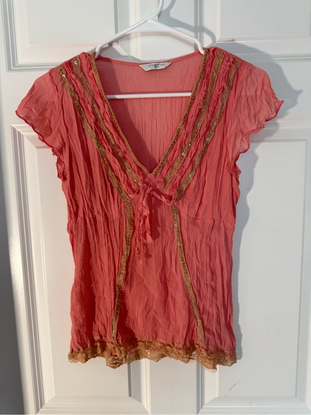 Y2K New Look Boho Fairy Coral Pink Sequin V-Neck Blouse size small